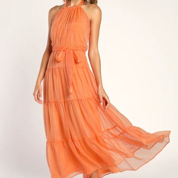Lulu's Women Orange Tiered Halter Maxi Dress - Picture 2 of 4